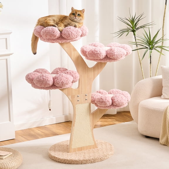 Flower Cat Tree, 48" Wood Branch Cat Tower, White Cloud Cat Tree with Scratching Post for Indoor Adult Cats, Luxury Cat Tree with Cozy Perches & Interactive Squeaky Hanging Toy