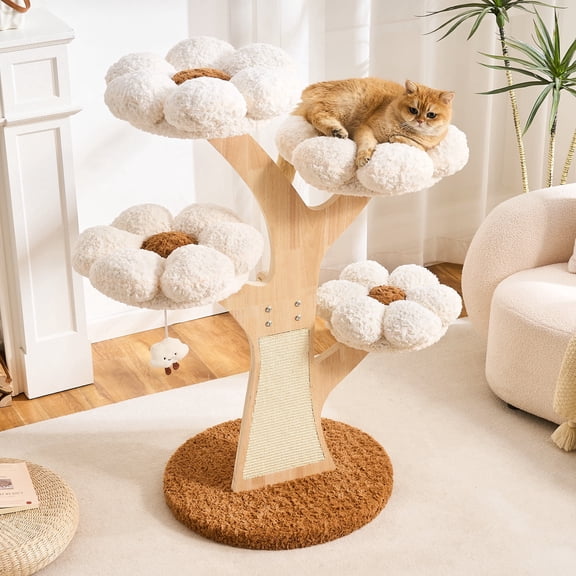 Flower Cat Tree, 48" Wood Branch Cat Tower, White Cloud Cat Tree with Scratching Post for Indoor Adult Cats, Luxury Cat Tree with Cozy Perches & Interactive Squeaky Hanging Toy
