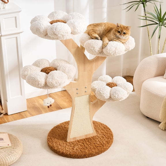 Flower Cat Tree, 48" Wood Branch Cat Tower, White Cloud Cat Tree with Scratching Post for Indoor Adult Cats, Luxury Cat Tree with Cozy Perches & Interactive Squeaky Hanging Toy