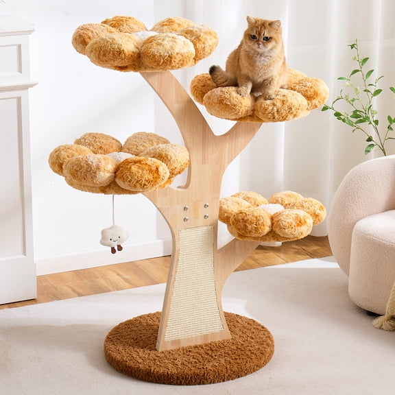 Flower Cat Tree, 48" Wood Branch Cat Tower, White Cloud Cat Tree with Scratching Post for Indoor Adult Cats, Luxury Cat Tree with Cozy Perches & Interactive Squeaky Hanging Toy