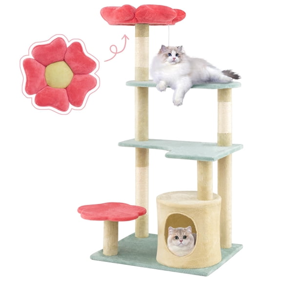 Flower Cat Tree, 49 Inch Multi Level Aesthetic Kitten Tower With Flower Shaped Plush Padded Perch, Condo, Sisal Scching Posts, Dangling Ball, Cute Indoor Cat Furniture, Multicolor