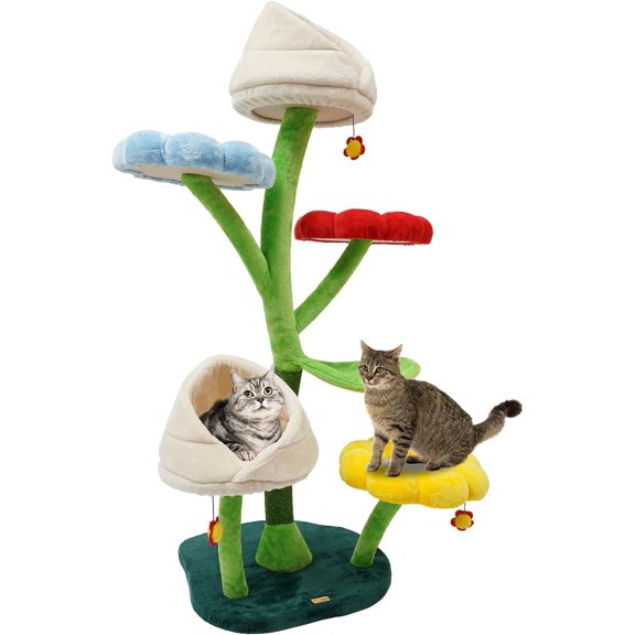 Flower Cat Tree, 63.8 inch Large Cat Climbing Frame, 6 Tier Multi-Level Indoor  Tree Tower with Flower Seat, Luxury Condo Plush Perch for Home, Pet Shops, Living Rooms, Bedrooms