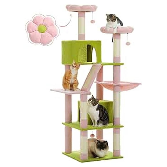 Flower Cat Tree 70.9" Tall, Large Cat Tower for Indoor Cats, Multi-Level Cactus Tree with Scratching Posts, Condos, Perches, Hammock - Pink