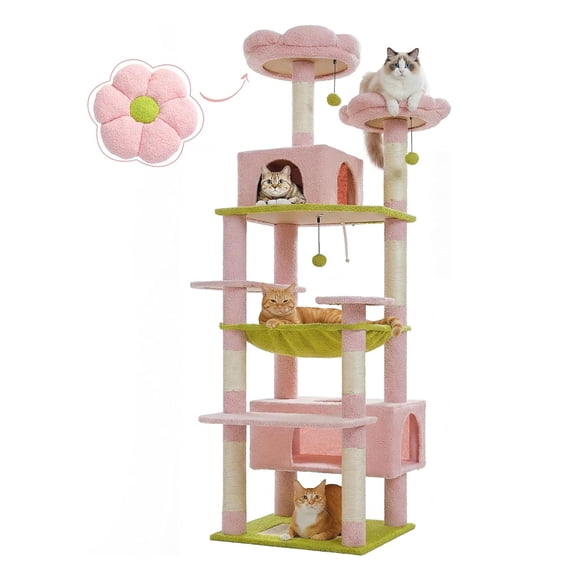 Flower Cat Tree, 72 Inches Large Cat Tower with Steel Frame, Hammock, 7 Scching Posts, 2 Condos and Perches for Large Indoor Cats to Enjoy Climbing, Playing and Resting, Pink