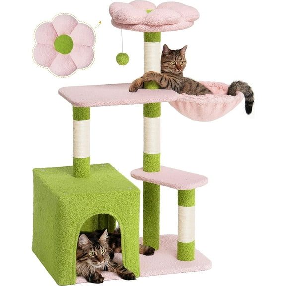 Flower Cat Tree for Indoor Cats,  Cat Condo Cave Bed for Big Adult Cats, Cute Cat Tower with Scratching Posts, Cozy Floral Perch and Hammock for Kittens