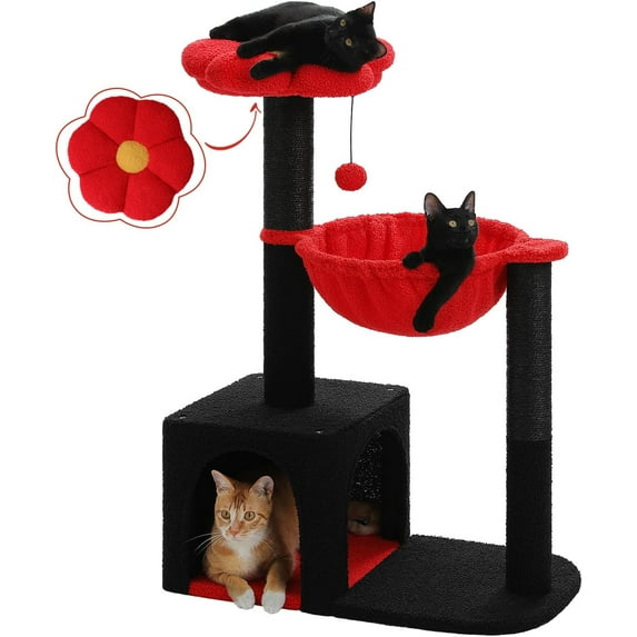 Flower Cat Tree with Large Metal Frame Hammock, 35" Cute Cat Tower with Sisal Scratching Posts for Small Indoor Cats, Cat Condo with Pink Top Perch for Kittens,Halloween Black