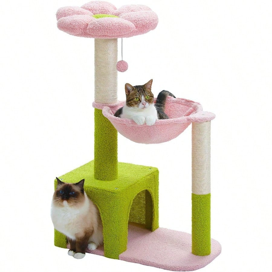 Flower Cat Tree With Large Metal Frame Hammock 35 Cute Cat Tower With Sisal Scratching Posts For Small Indoor Cats Cat Condo With Pink Top Perch For Kittens Pink