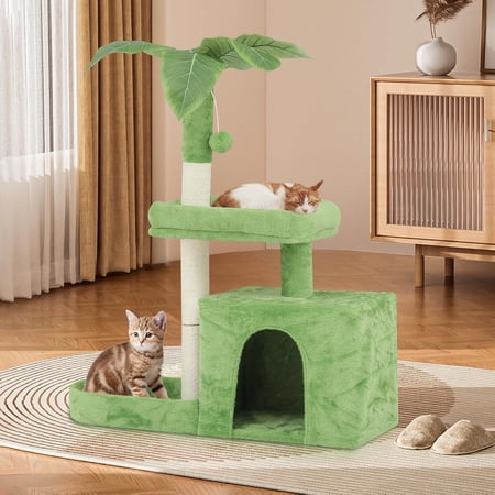 Flower Cat Tree with Scratching Post, Small Cat Tower for Indoor Cats, Cat Climbing Tower for Indoor Kittens Cat Tree Tower for Small Spaces, Cozy Condo & Plush Perches, 32" Green