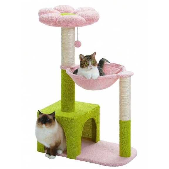 Flower Cat Tree for Indoor Cats, 2-Door Large Cat Condo Cave Bed for Big Adult Cats, Cozy Floral Perch and Hammock for Kittens, Green Pink