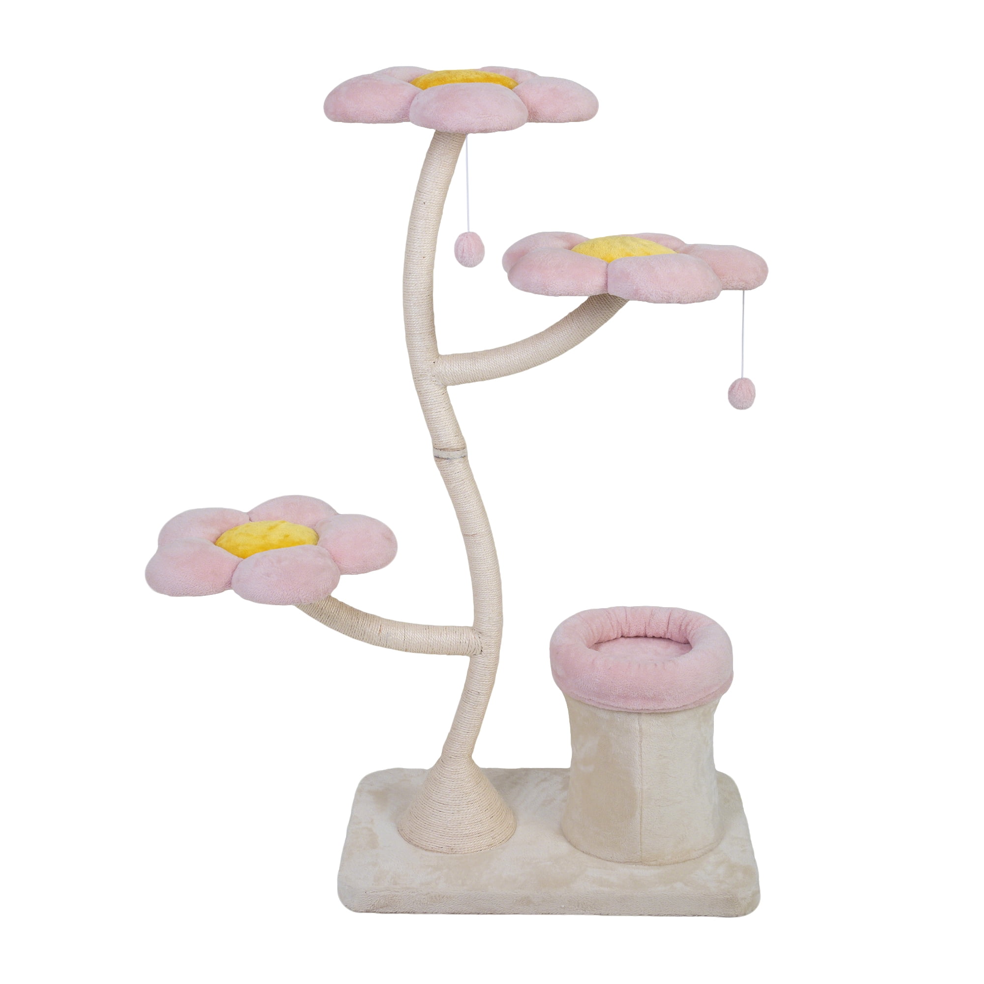 Flower Cat Tree with Blooming Platforms Bed, Condo, and Dangling Toys, Multi-Level Cat Tower for Indoor Cats, Modern, Pink & Beige