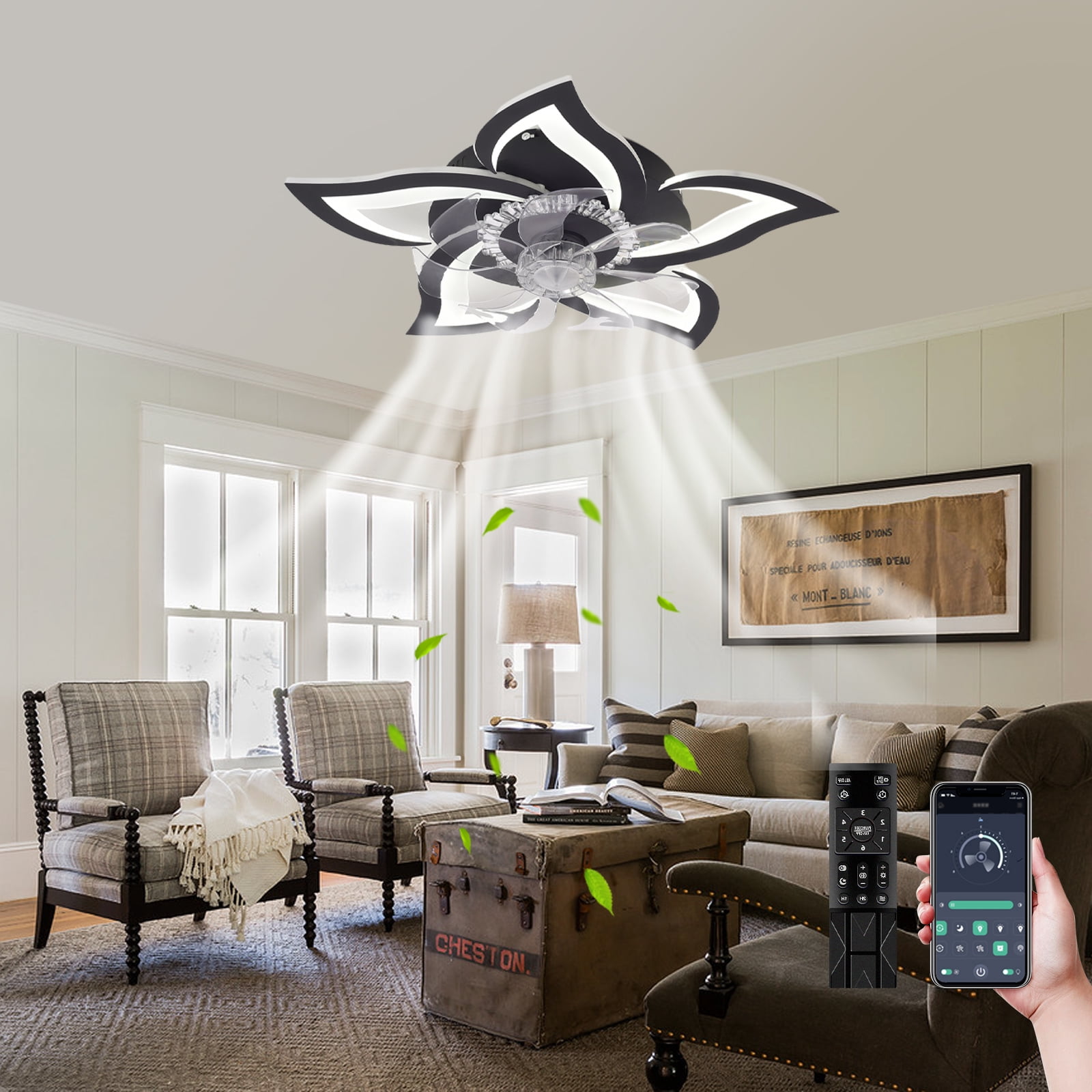 Flower Ceiling Fans with Lights, 27 inches Modern Low Profile Ceiling Fan, Dimmable LED Ceiling Light Fixture, Flush Mount Ceiling Fans with Remote/App for Bedroom, Living room, Black