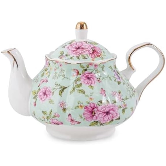 Flower Ceramic Teapot,22oz Porcelain Tea pot for Tea Coffee Milk for Office Home Men Women as Gift (Green)