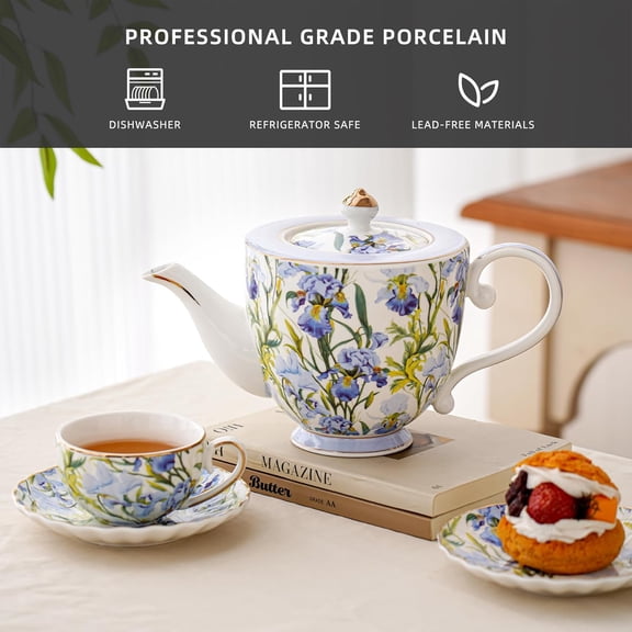 Flower Ceramic Teapot28.7oz Blue Flower Teapot for Tea Party, Women's Gathering, Family Gathering (Blue)$$Home Decor, Kitchen, & Other