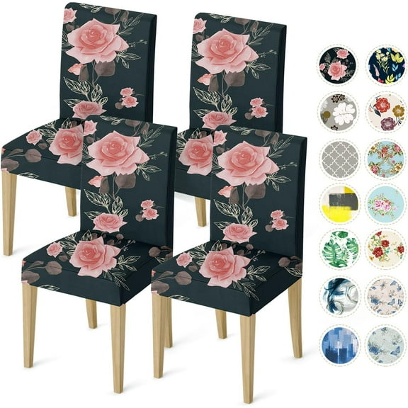 Flower Chair Covers for Dining Room Set of 4, Dining Chairs Seat Cover,Kitchen Stretch Chair Covers,Seat Cover for Dining Chairs,Furniture Protector for Chairs Dining Room,Slipcover Chair Covers