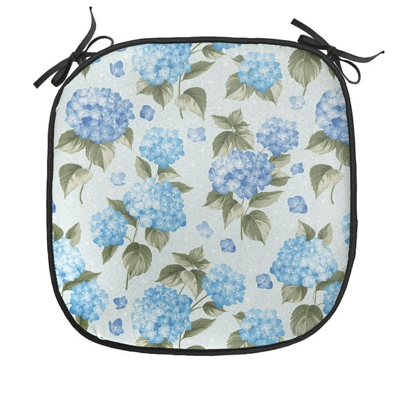 Flower Chair Seating Cushion, Hydrangea Flowers over Soft Background Wedding Bridal Design, Soft Seat Pads for Office with Anti-slip Backing, 16"x16", Pale Blue Reseda Green, by Ambesonne