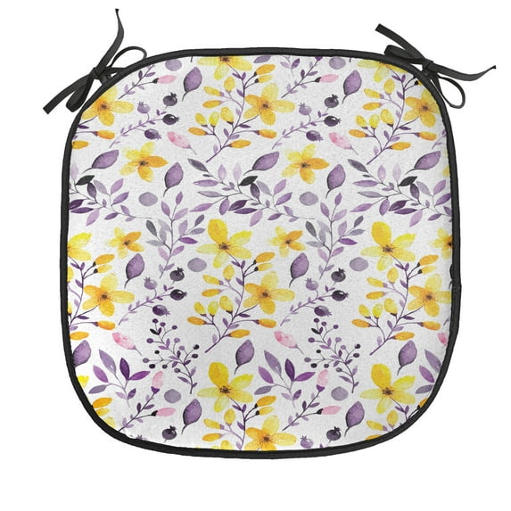 Flower Chair Seating Cushion, Pattern with Flowers and Leaves ling Foliage Spring Rural Print, Soft Seat Pads for Office with Anti-slip Backing, 16"x16", Yellow Purple White, by Ambesonne
