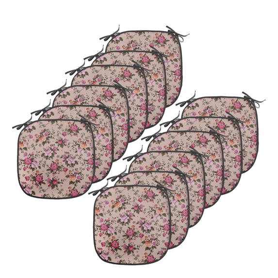 Flower Chair Seating Cushion Set of 12, Floral Pattern with Roses Twig Warm Colors Flower Arrangement Bouquets, Seat Pads for Office with Anti-slip Backing, 16"x16", Tan Pink Dark Green, by Ambesonne