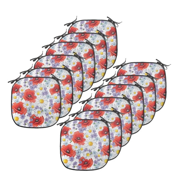 Flower Chair Seating Cushion Set of 12, Purple Flowers Poppy and Daisy Summer Nature Wildflowers Graphic, Seat Pads for Office with Anti-slip Backing, 16"x16", Lavender Scarlet, by Ambesonne