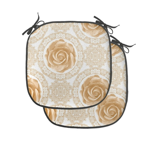 Flower Chair Seating Cushion Set of 2, Vintage Rose Pattern Baroque Inspired Dated Royal Circle Ornate Motifs Print, Seat Pads with Anti-slip Backing, 16"x16", Pale Brown White, by Ambesonne