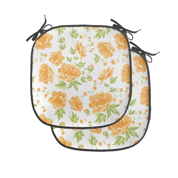 Flower Chair Seating Cushion Set of 4, Peony Bouquets Romantic Holiday Season Classic Old Days Floral Art, Seat Pads for Office with Anti-slip Backing, 16"x16", Pale Orange Green White, by Ambesonne