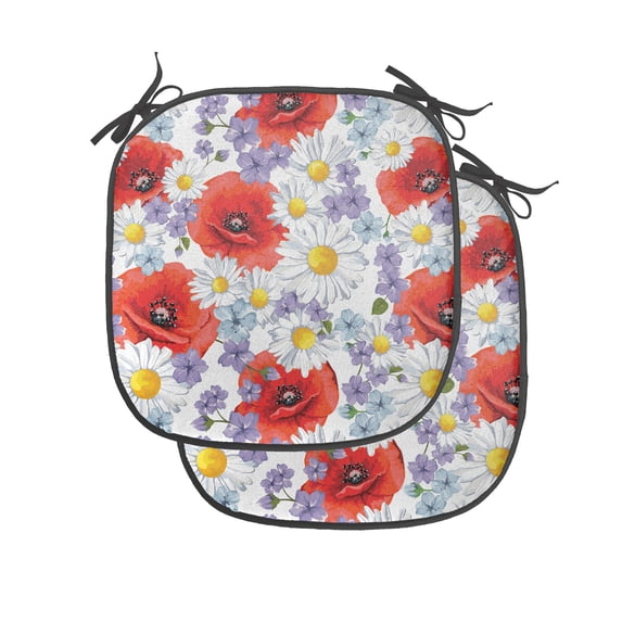 Flower Chair Seating Cushion Set of 4, Purple Flowers Poppy and Daisy Summer Nature Wildflowers Graphic, Seat Pads for Office with Anti-slip Backing, 16"x16", Lavender Scarlet, by Ambesonne