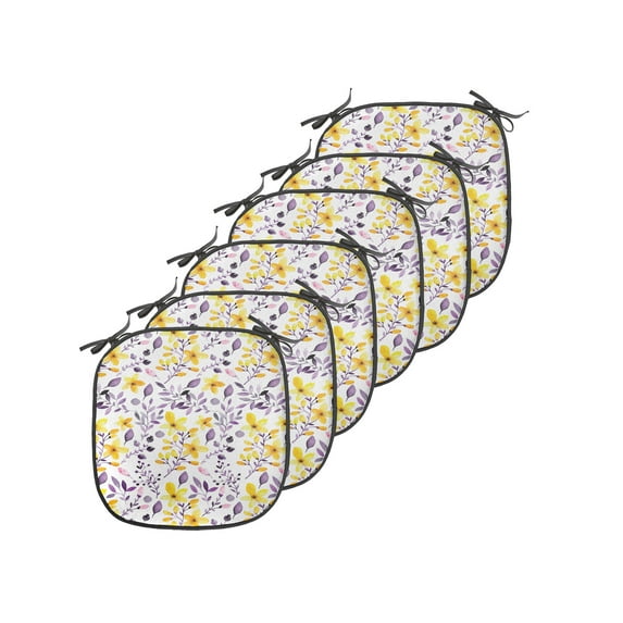 Flower Chair Seating Cushion Set of 6, Pattern with Flowers and Leaves ling Foliage Spring Rural Print, Seat Pads for Office with Anti-slip Backing, 16"x16", Yellow Purple White, by Ambesonne