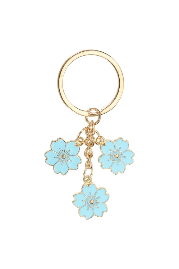 Flower Charm Keychain, Cherry Blossom Enameled Keychain Keyring Pendant, Light Blue