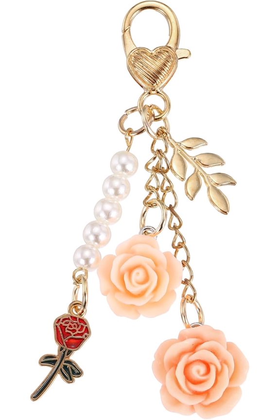 Flower Charm Keychain, Cute Resin Rose Pendant Keychains Tassel Pearl Chain Keyring with Jewelry Box Light Pink 3.54 inch