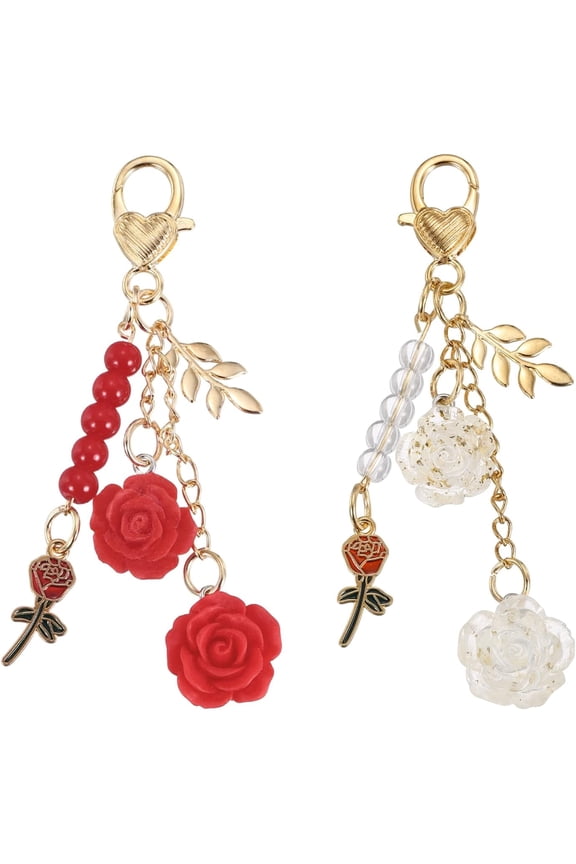 Flower Charm Keychain, Cute Resin Rose Pendant Keychains Tassel Pearl Chain Keyring with Jewelry Box Red/Gold big