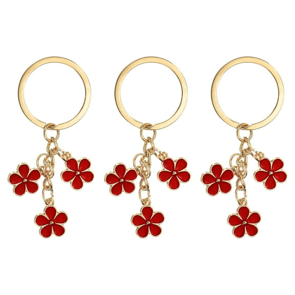 Flower Charm Keychain, Enameled Keychain Tassel Keyring Pendant, Dark Red, 3 Pack