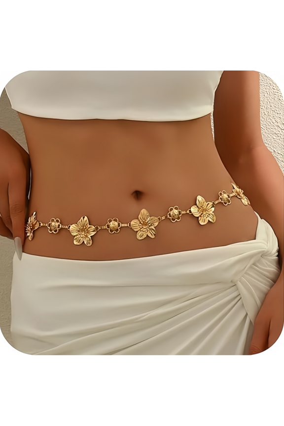 Flower Charm Waist Chain for Women, Gold Belly Chain Body Jewelry for Beach, Summer Dresses & Vacation Outfits