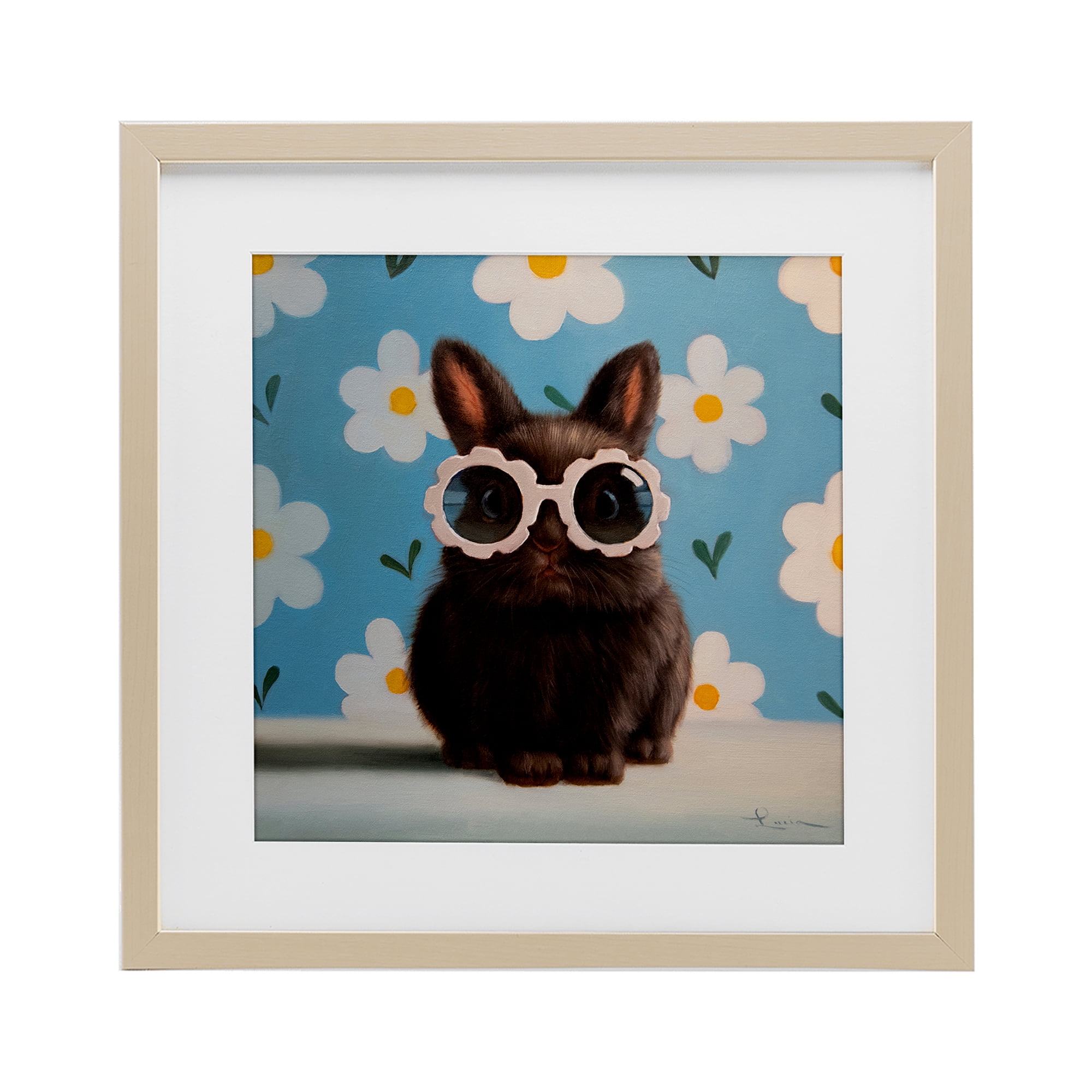 Flower Child Bunny Birch Framed Print Under Glass, design by Lucia Heffernan