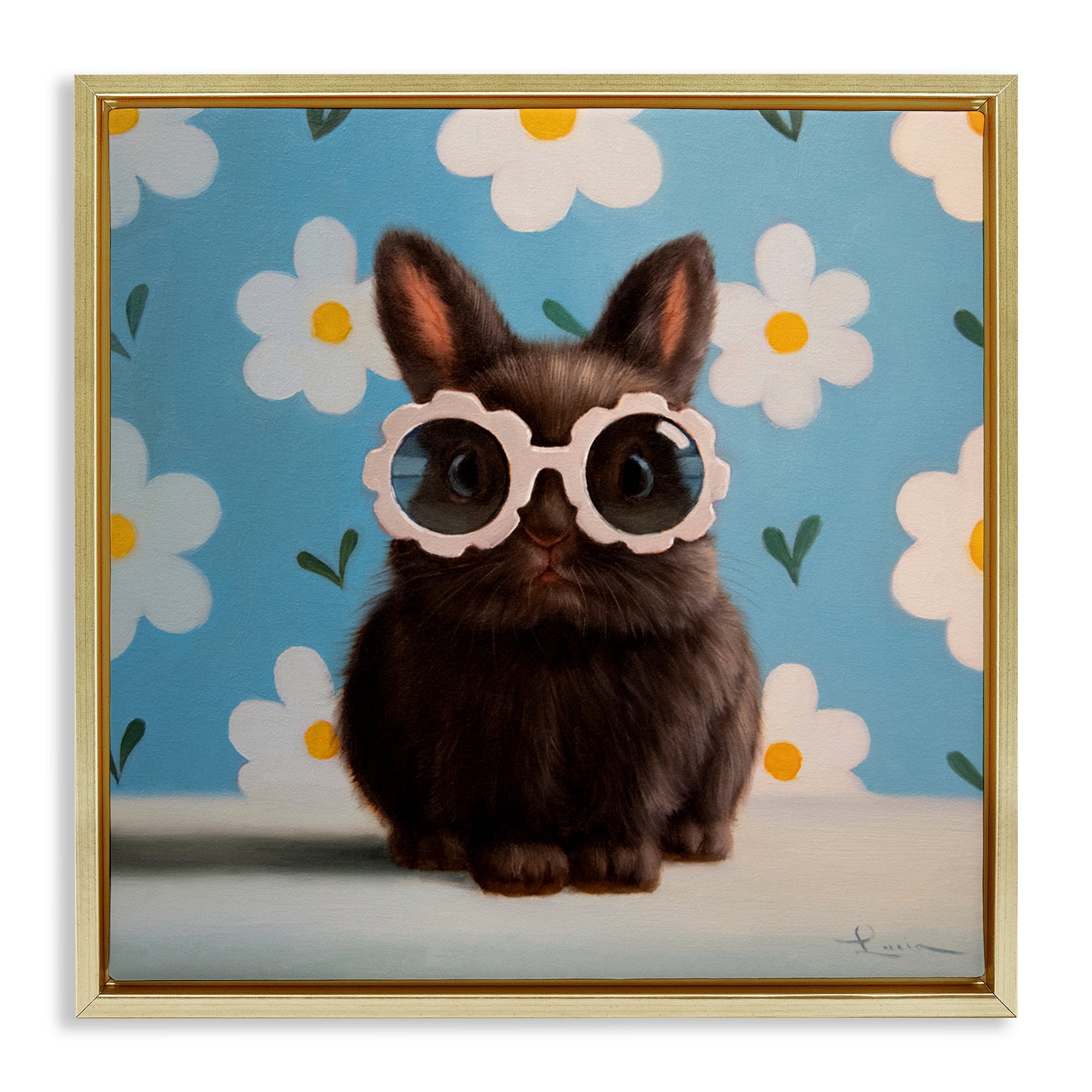 Flower Child Bunny Gold Framed Floater Canvas Wall Art, design by Lucia Heffernan