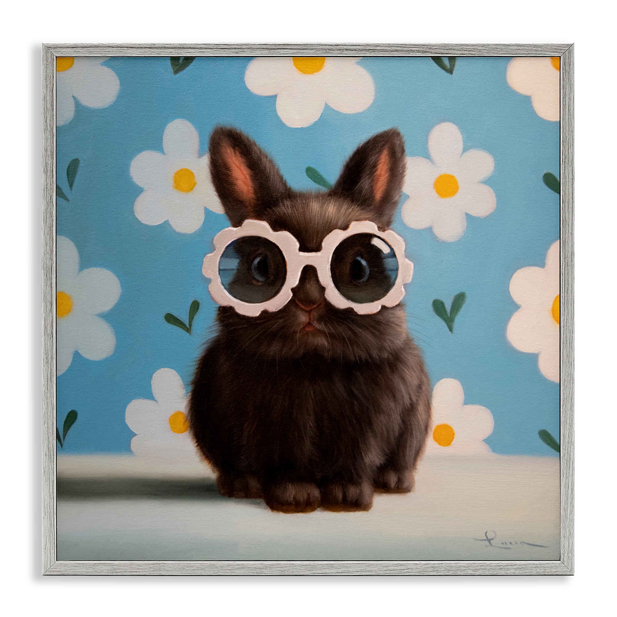 Flower Child Bunny Gray Framed Giclee Art, design by Lucia Heffernan
