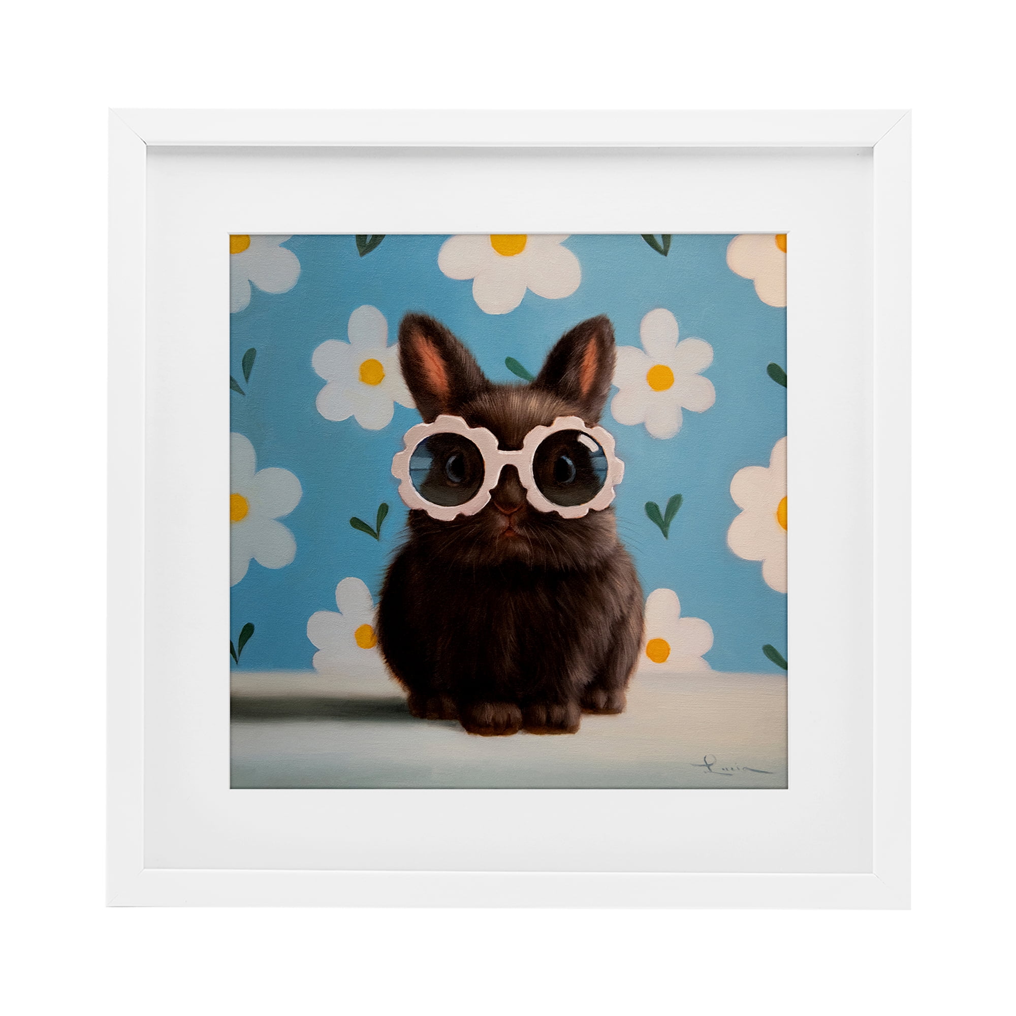 Flower Child Bunny White Framed Print Under Glass, design by Lucia Heffernan