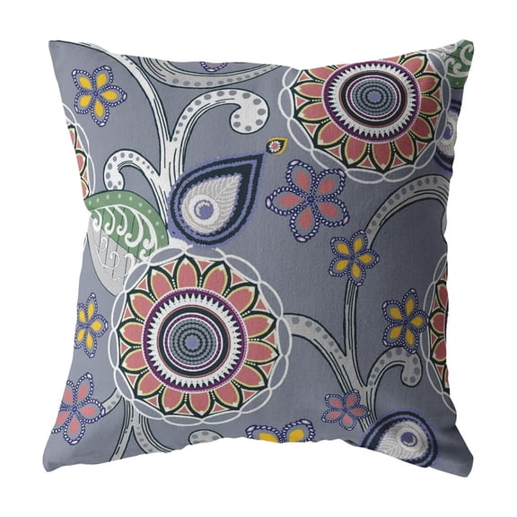 Flower Circles Suede Pillow Red Orange Blue Green on Gray 18"