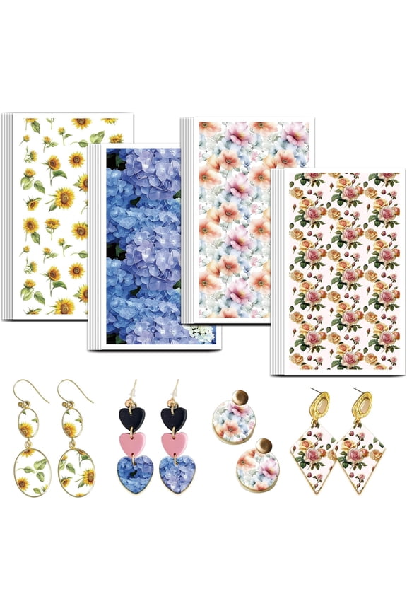 Flower Clay Transfer Paper 4 Design 24 Pcs Transfer Paper for DIY Polymer Sunflower Hydrangea Polymer Clay Transfers Sheets Roses Small Transfers Decal for DIY Clays Earrings Jewelry Making