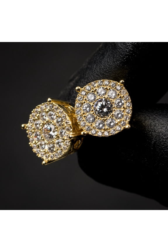 Flower Cluster 14k Yellow Gold Plated 925 Sterling Silver Screw Back Post Large Round CZ Stone Ice Out Hip Hop Stud Big Circle Shape Earrings
