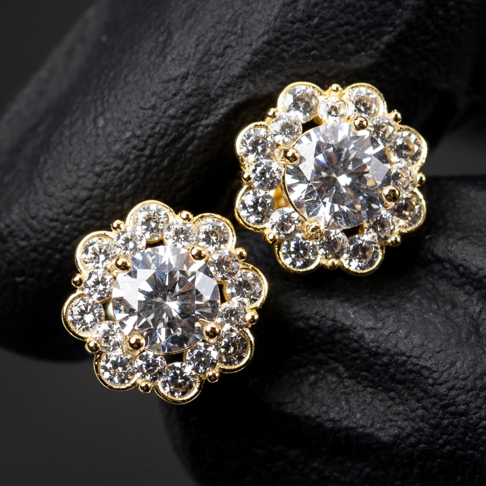 Flower Cluster Halo Round Brilliant 925 Sterling Silver 14K Yellow Gold Plated Unisex Iced Cz Hip Hop Hypoallergenic Men's Women's Circle Screw Back Cubic Zirconia Stud Earrings