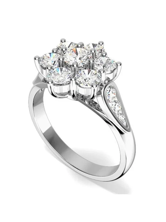Flower Cluster Wedding Ring, Women's Engagement Proposal Ring, 14K White Gold Plated, 1.5 Ct Round Brilliant Cut Simulated Diamond, Anniversary Gift For Her