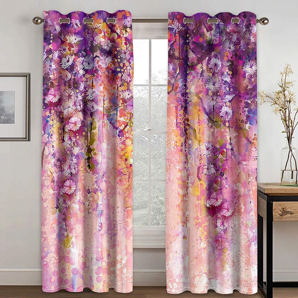 Nature Textured Printed outlets Curtain / Bedroom Dining Room Living Room Covers Set of 2 Panels - Multidimensional Border Pattern Flowers Pink