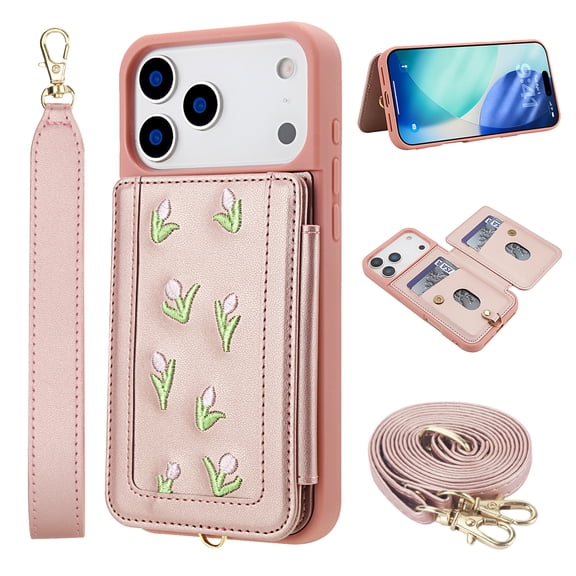 Flower Colored Knit Pattern Wallet Case for iPhone 17 Pro Max, Elegant PU Leather Card Slots Kickstand Handstrap Crossbody Strap Heavy Duty Protective Magnetic Clasp Rugged Flip Cover, Rosegold