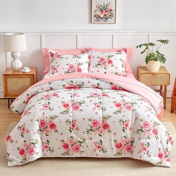 Flower Comforter Sheet Set White Bed in a Bag 7 Pieces Queen Size Dark Pink Floral Microfiber Bedding Set