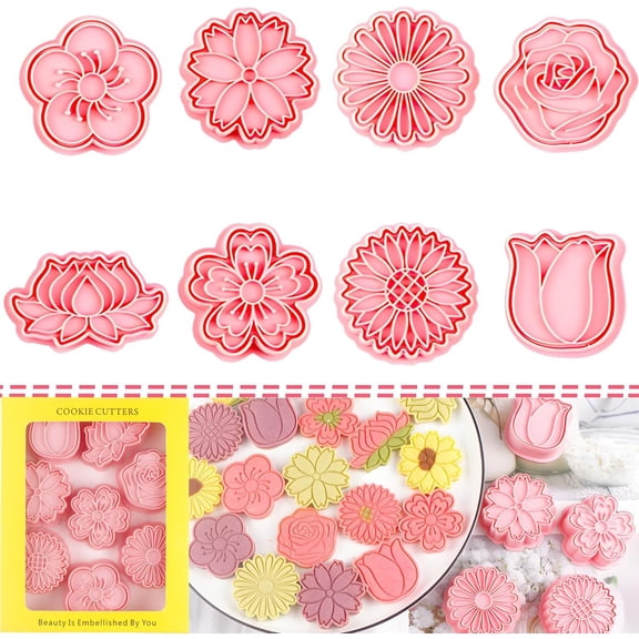 Flower Cookie Cutters: 8 pcs Flowers Cookie Cutter, Spring Flowers Cookie Stamps for Biscuit Fondant Cheese Baking, for Kids & Adults