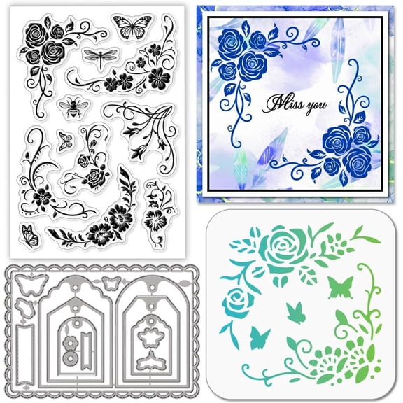 Flower Corner Clear Stamps Label Frame Cutting Dies PET Painting Stencils for Card Making Insect Butterfly Bee Silicone Stam Flourish Corner Die Cuts PET Paint Stencils for DIY Scrapbooking colorful