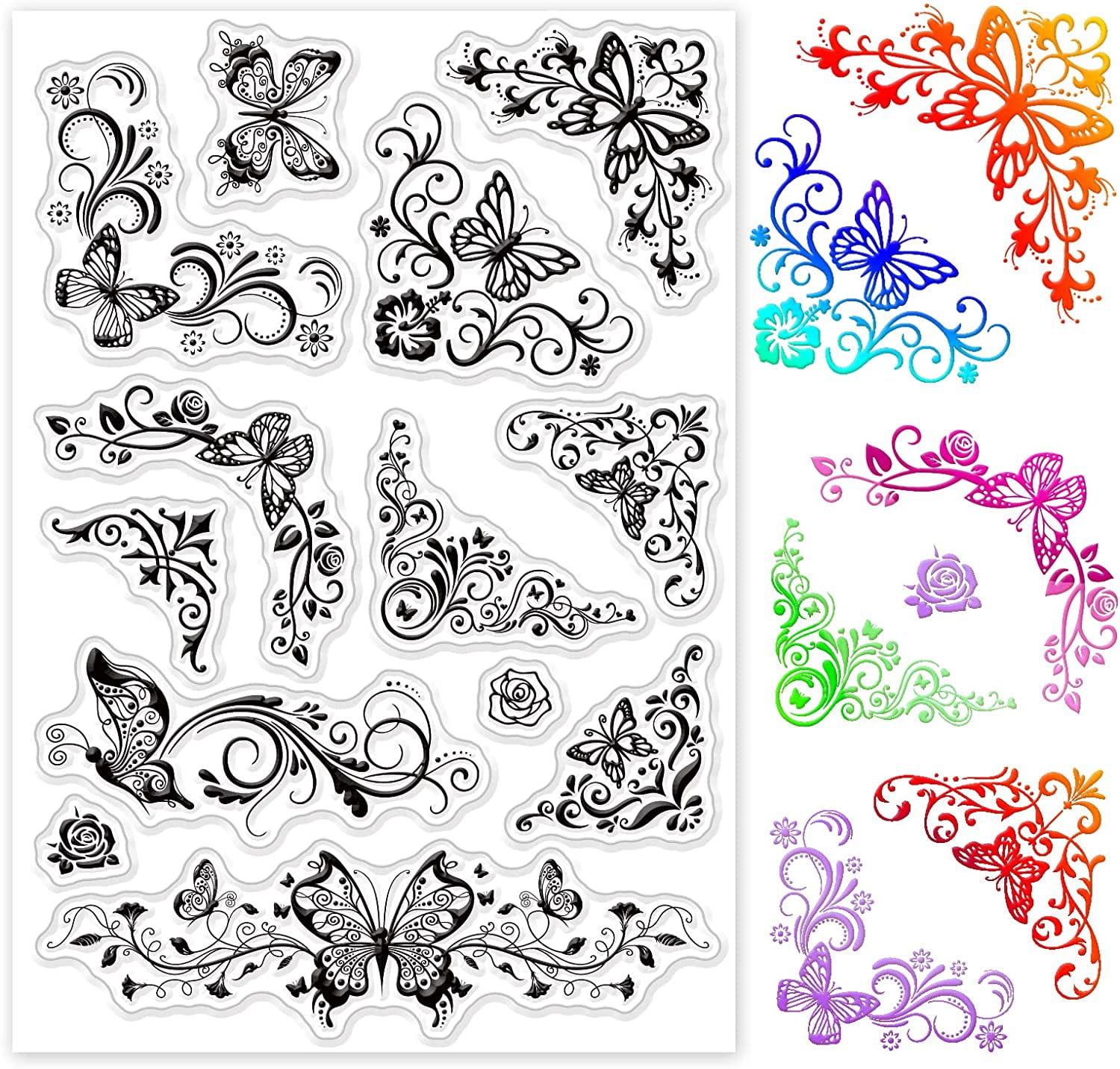 Flower Corner Silicone Clear Stamp Butterfly and Rose Transparent ...