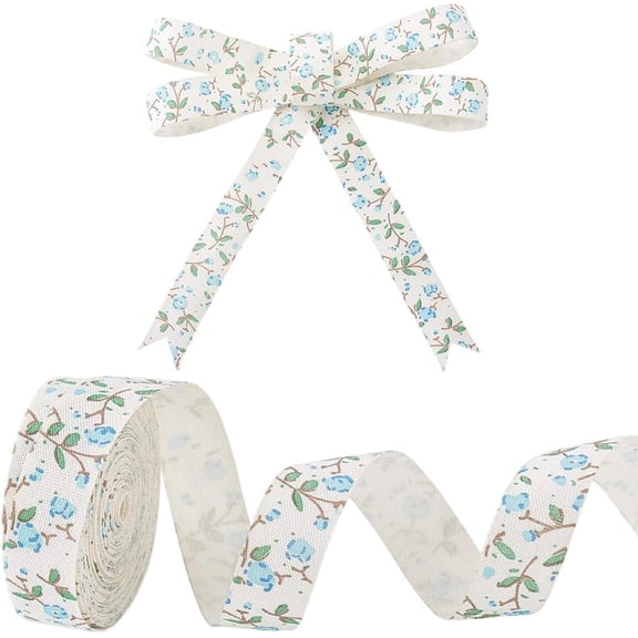 Flower Cotton Ribbon 5/8" x15Yards Flower Pattern Ribbon Fabric Floral Ribbons Simple Fresh Spring Vintage Cream White Garden Craft Ribbons