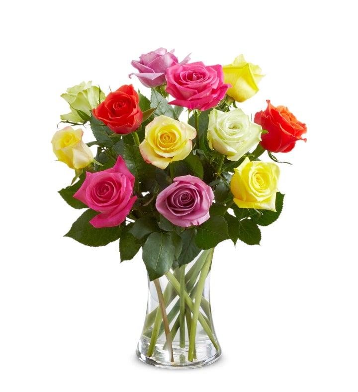 Flower Country - Rose Bouquet: 18 Multicolor Roses with Vase ...