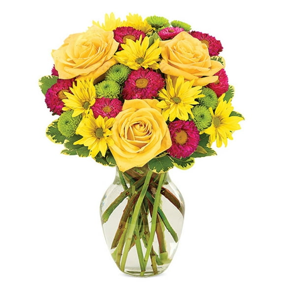 Flower Country - It's A Fine Day Bouquet Medium: Pink, Yellow, & Multicolor Fresh Cut Flowers with Vase, Decorative