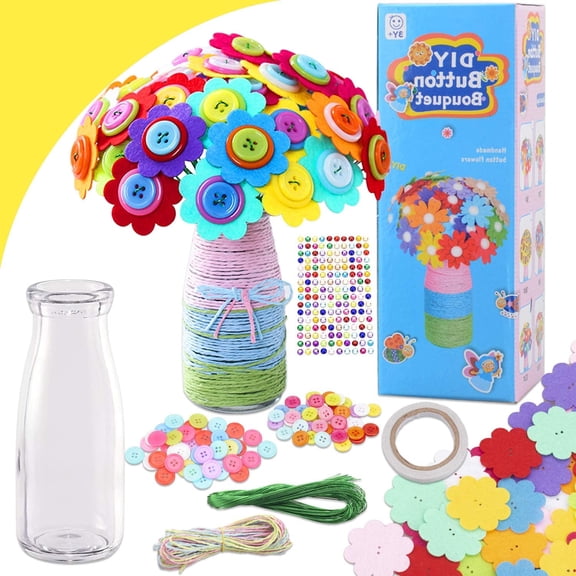 Flower Craft Kit for Kids Colorful Buttons and Felt Flower Kit Vase Arts Toy Craft Project for Girls and Boys Fun DIY Activity Gift for Children Ages 4 5 6 7 8 9 Years Old Birthday Xmas Gift